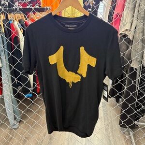 True Religion Men's Black Tee with Gold Logo